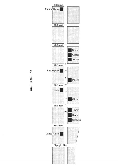 Map of cinemas on Broadway Avenue, LA 